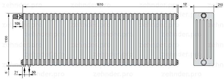 Схема (чертеж) Радиатор Zehnder Charleston 6110/35 №V001 Белый глянцевый RAL 9016